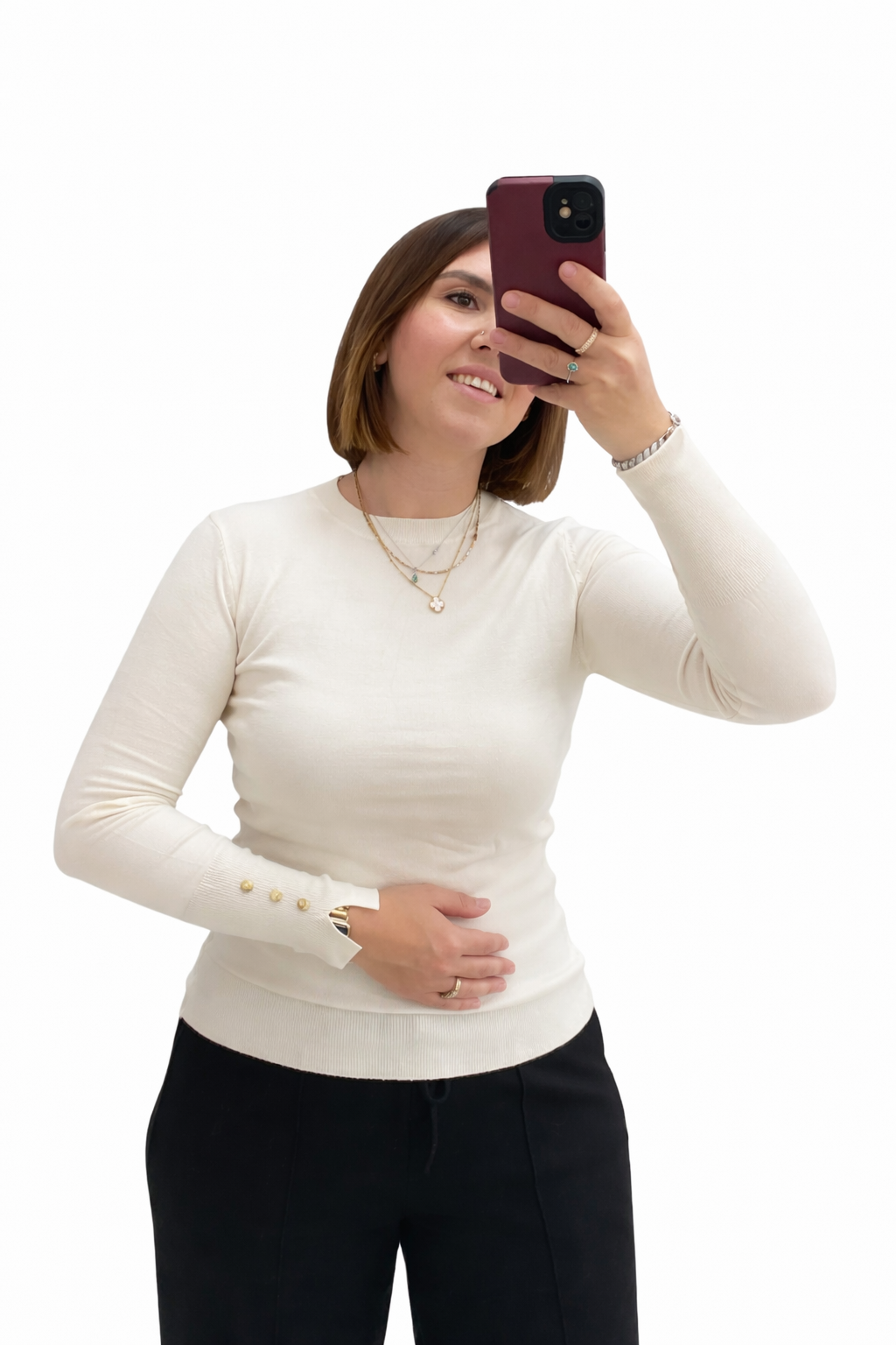 KOL DÜĞME DETAYLI YUVARLAK YAKA TRİKO KAZAK(KREM)