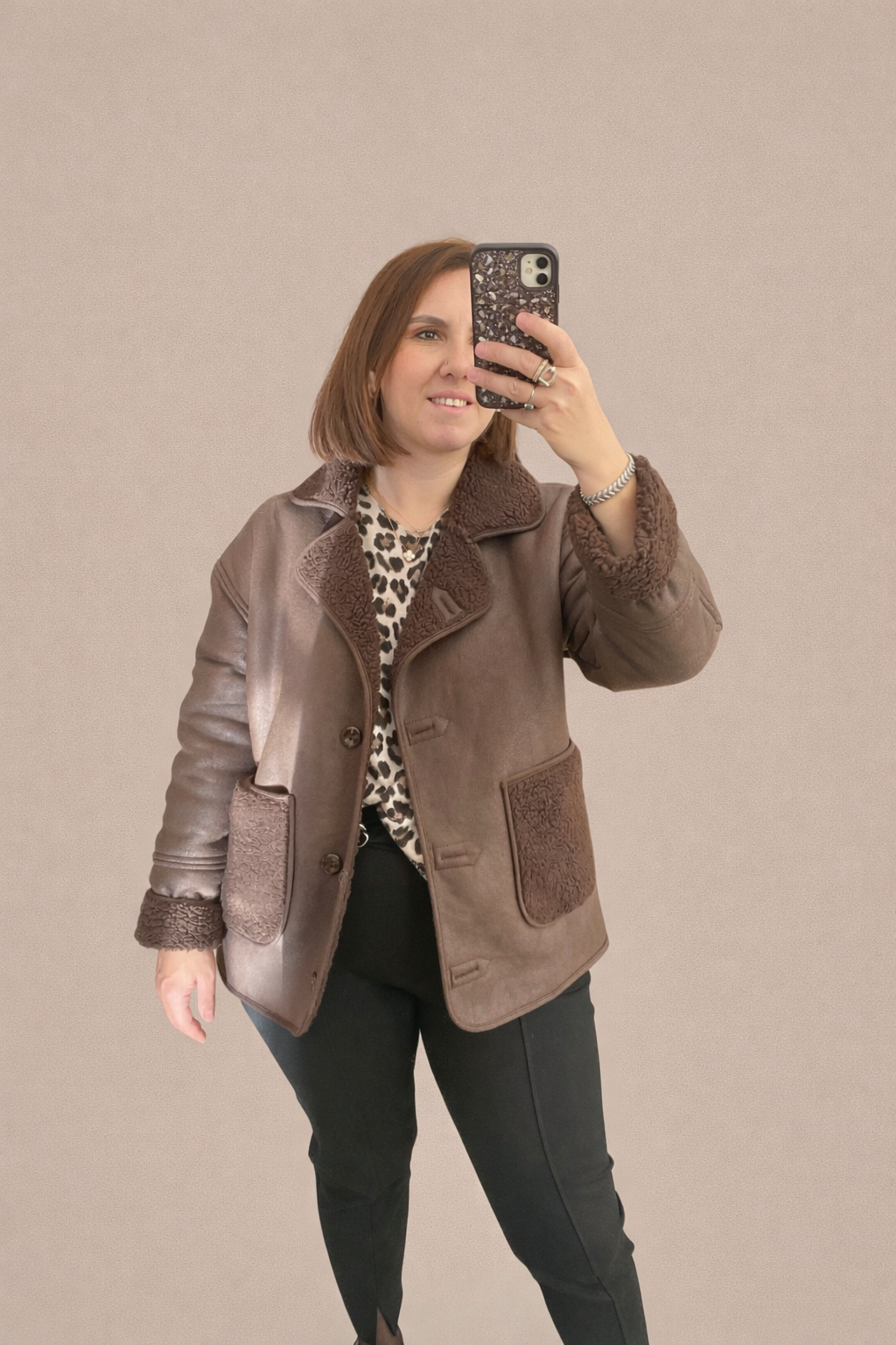 PELUŞ DETAYLI DERİ MONT(KAHVERENGİ)