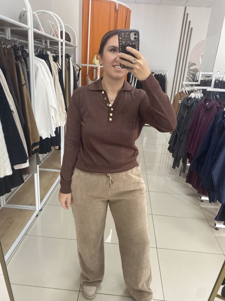 YAKALI SİM DETAY TRİKO(KAHVERENGİ)