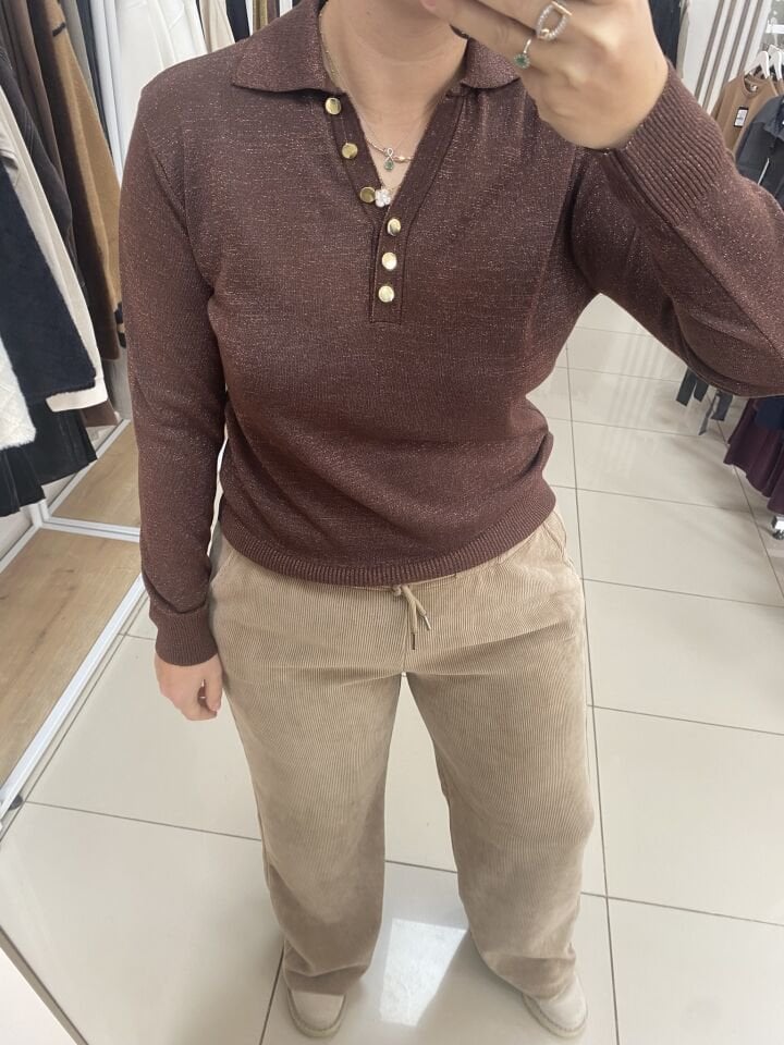 YAKALI SİM DETAY TRİKO(KAHVERENGİ)