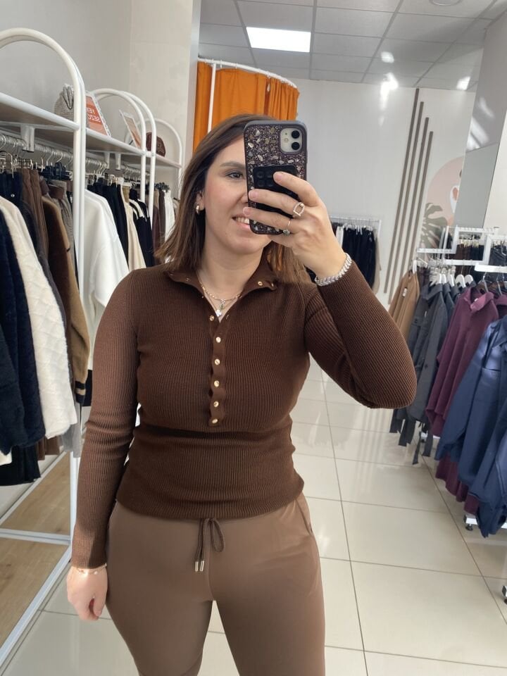 YAKA  DETAYLI TRİKO KAZAK(KAHVERENGİ)