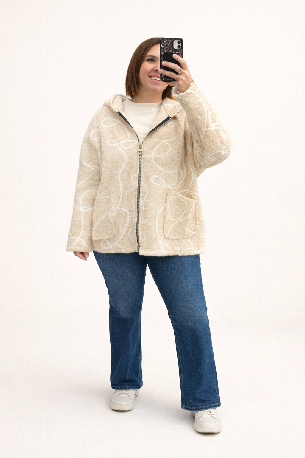 PELUŞ  KAPÜŞONLU KEÇE CEKET(krem)