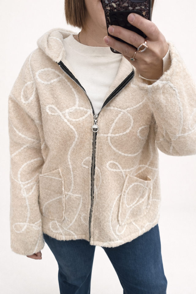 PELUŞ  KAPÜŞONLU KEÇE CEKET(krem)