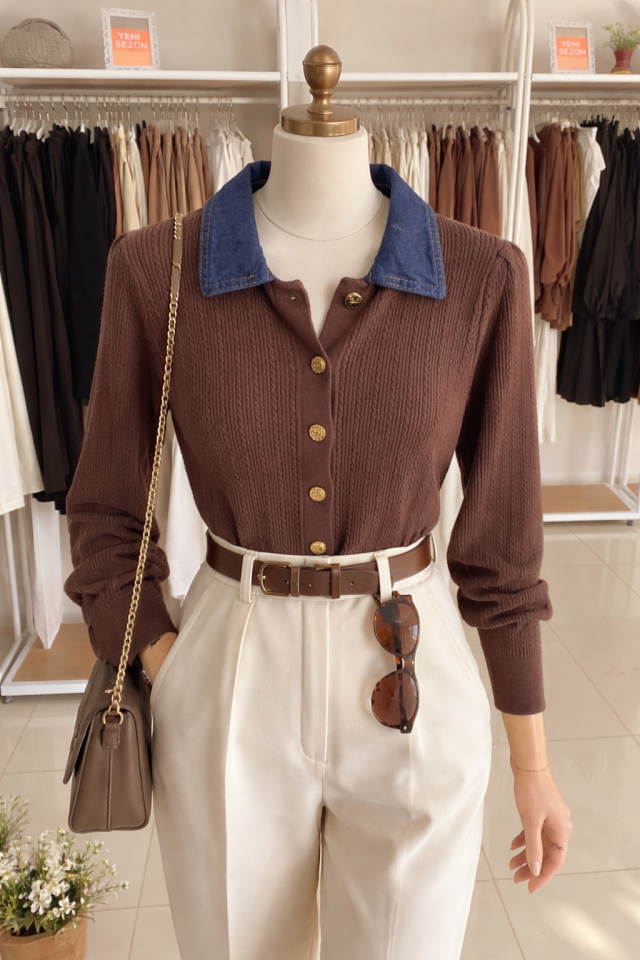 KOT YAKA  DETAYLI TRİKO KAZAK(KAHVERENGİ)