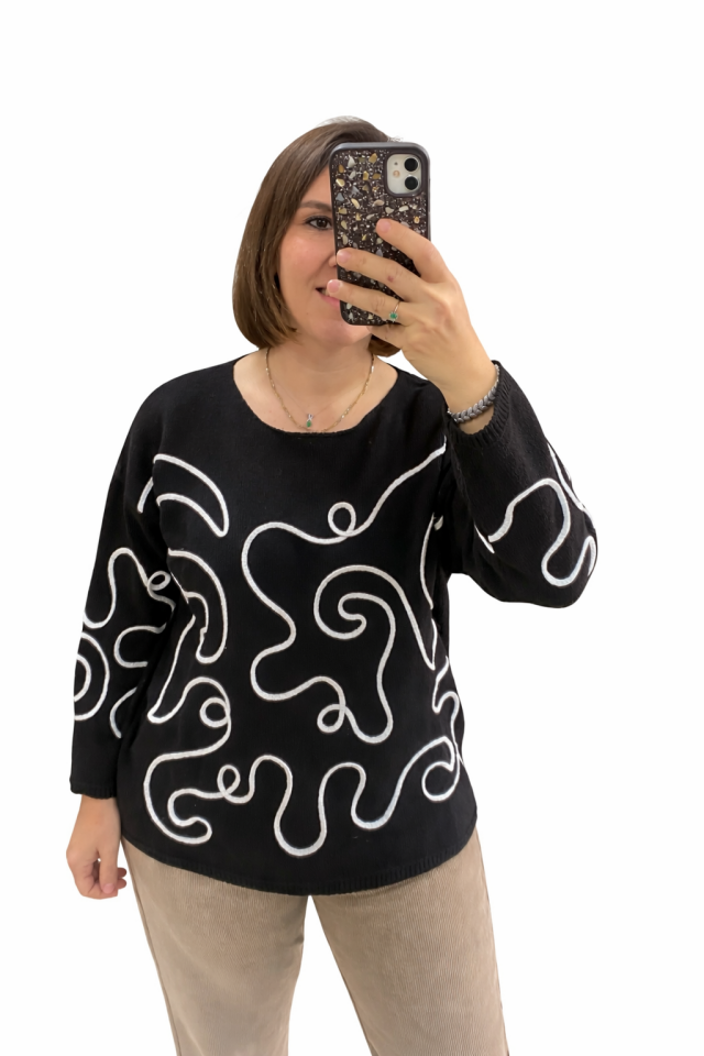 ASİMETRİK DESENLİ İTHAL KAZAK(SİYAH)