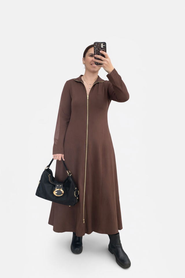 Kloş önden fermuarlı elbise