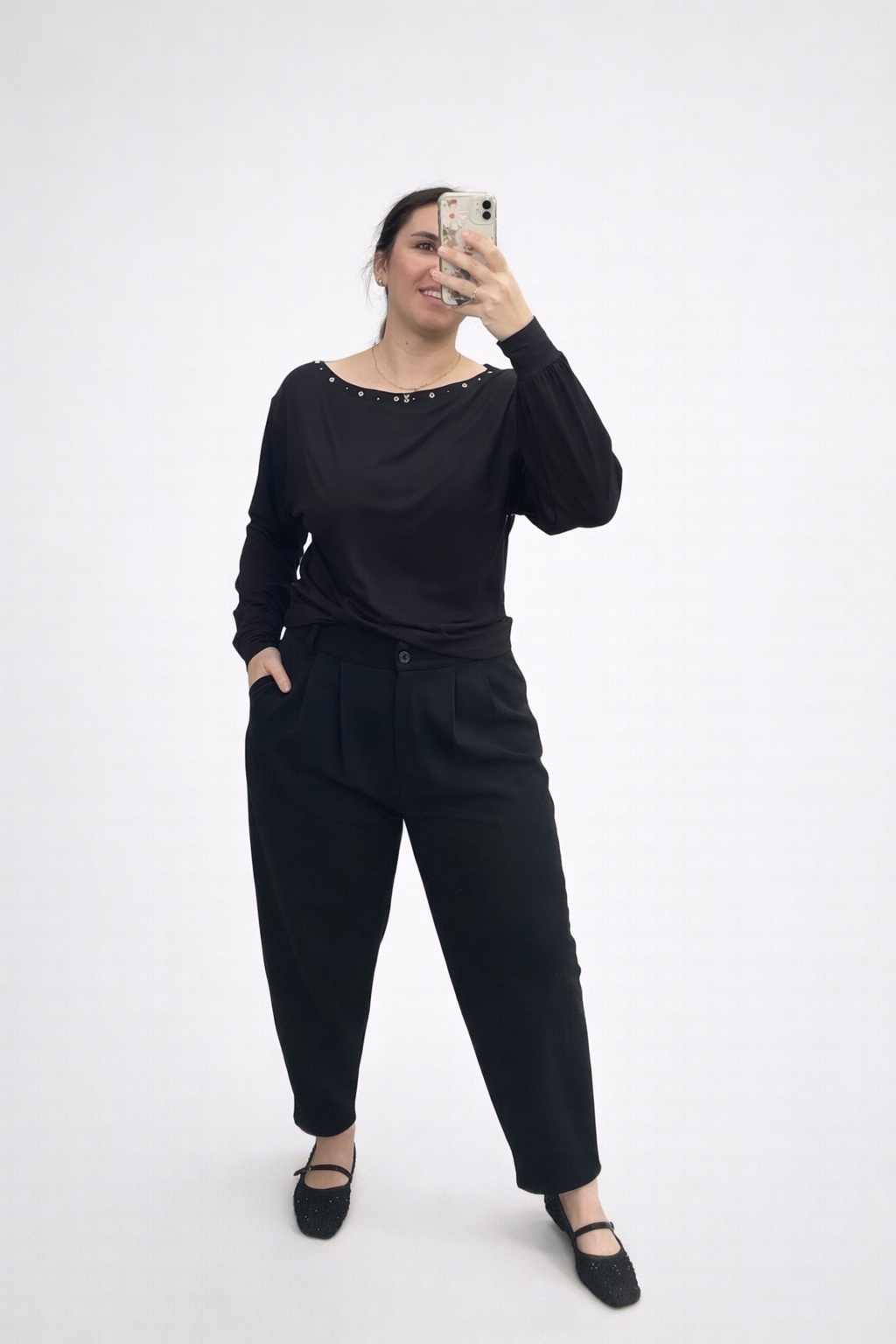 KAYIK YAKA KUŞ GÖZÜ DETAYLI BLUZ(SİYAH)